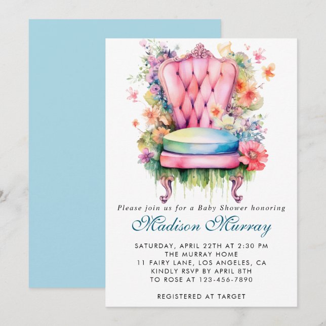 Invitation Fille Bleu & Rose Floral Fleur Chaise Baby Shower (Devant / Derrière)