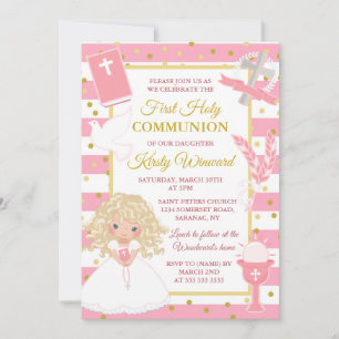 Invitation Fille Blonde Pink Stripe Première Sainte Communion