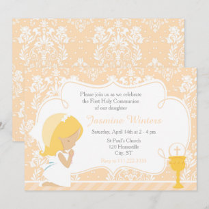 Invitation Fille blonde Première communion Damas