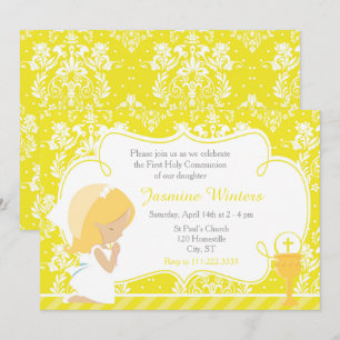 Invitation Fille blonde Première communion Damas