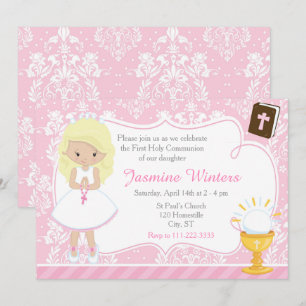 Invitation Fille blonde Première Communion Damassé