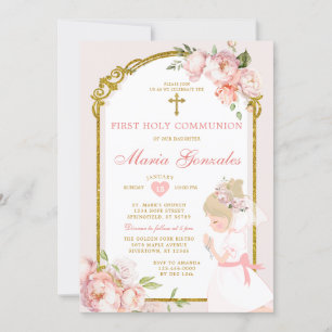 Invitation Fille Blonde priant Floral première sainte communi