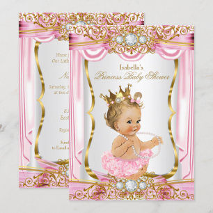 Invitation Fille blonde princesse Baby Shower Rose Soie Or