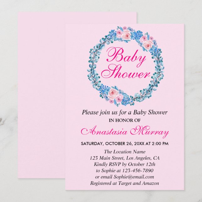 Invitation Fille Blush Baby shower rose & bleu Floral Wreath (Devant / Derrière)