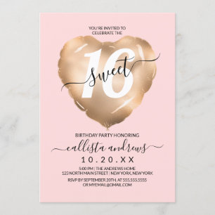 Invitation Fille Blush Or Rose Foil Coeur Balloon Sweet 16