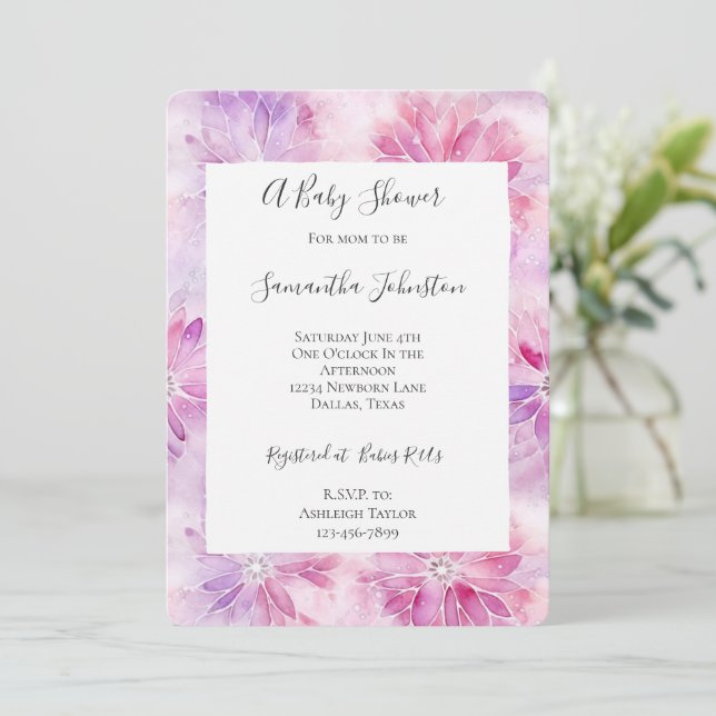 Invitation Fille Blush Pink Chic Lavender Baby shower Floral (Debout devant)