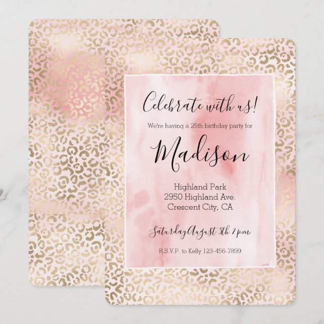 Invitation Fille Blush Pink Glam Empreinte de léopard or (Devant / Derrière)