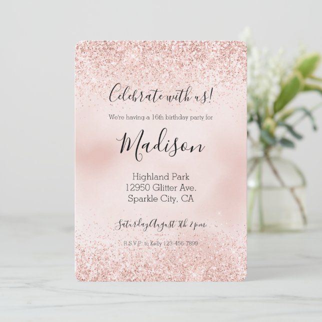 Invitation Fille Blush Rose Glitz Parties scintillant Étincel (Debout devant)
