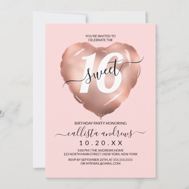Invitation Fille Blush Rose Gold Foil Coeur Balloon Sweet 16 (Devant)