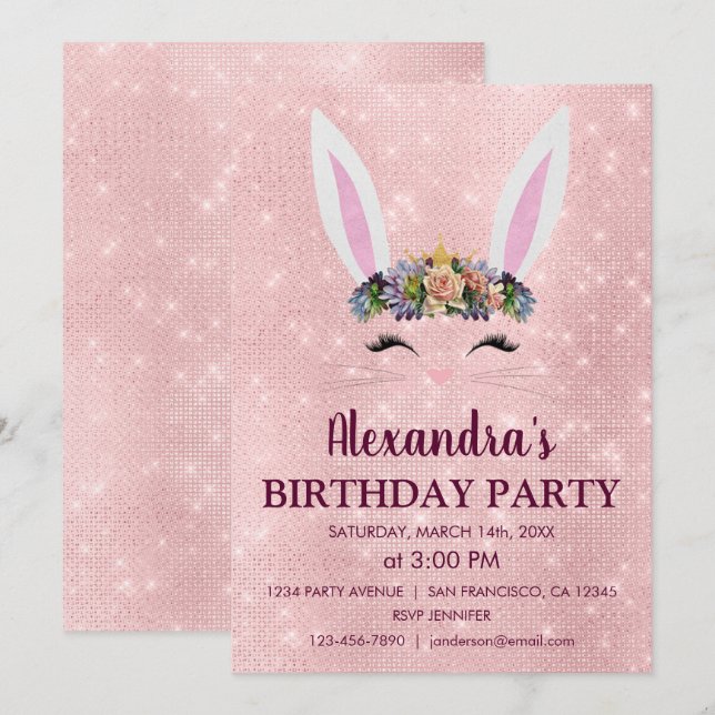 Invitation Fille Blush rose lapin de Pâques fête d'anniversai (Devant / Derrière)