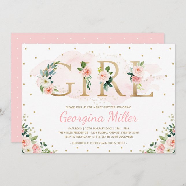 Invitation Fille Blush Rose Or Floral Baby Girl Douche (Devant / Derrière)