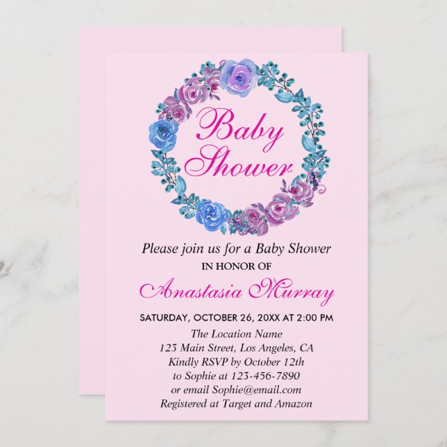 Invitation Fille Blush rose violet Baby shower de couronne fl (Devant / Derrière)