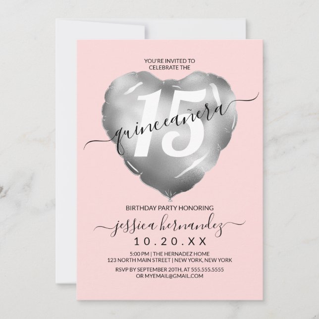 Invitation Fille Blush Silver Foil Coeur Balloon Quinceañera (Devant)