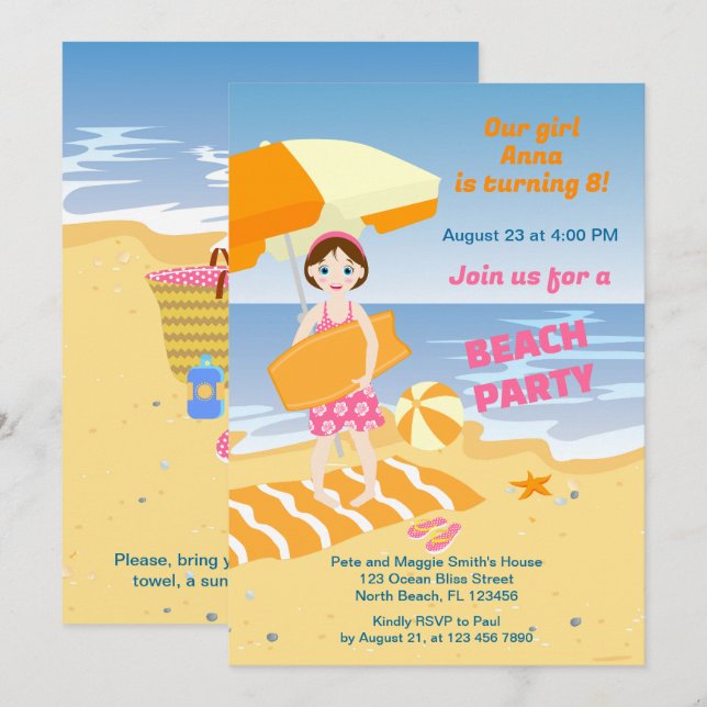 Invitation Fille bodyboard amusement fête d'anniversaire plag (Devant / Derrière)