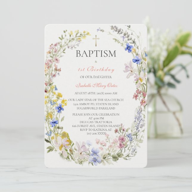 Invitation Fille Bohème Baptême Fleur Sauvage (Debout devant)