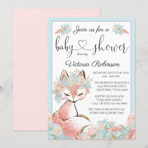 Invitation Fille Bohème Renard Rose Turquoise Or Baby Shower