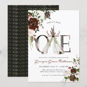 Invitation Fille Boho Floral Antler Tribal Wild Un Anniversai