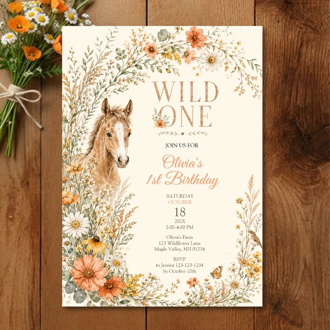 Invitation Fille Boho Orange Anniversaire Cheval Fleur Sauvag (Créateur téléchargé)