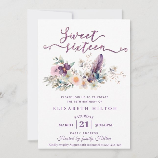 Invitation Fille boho Parties scintillant florale typographie (Devant)