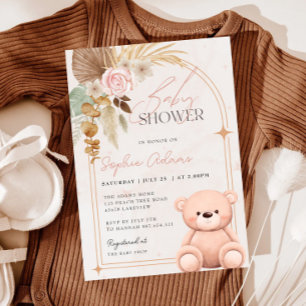 Invitation Fille Boho Teddy Ours Baby shower rose