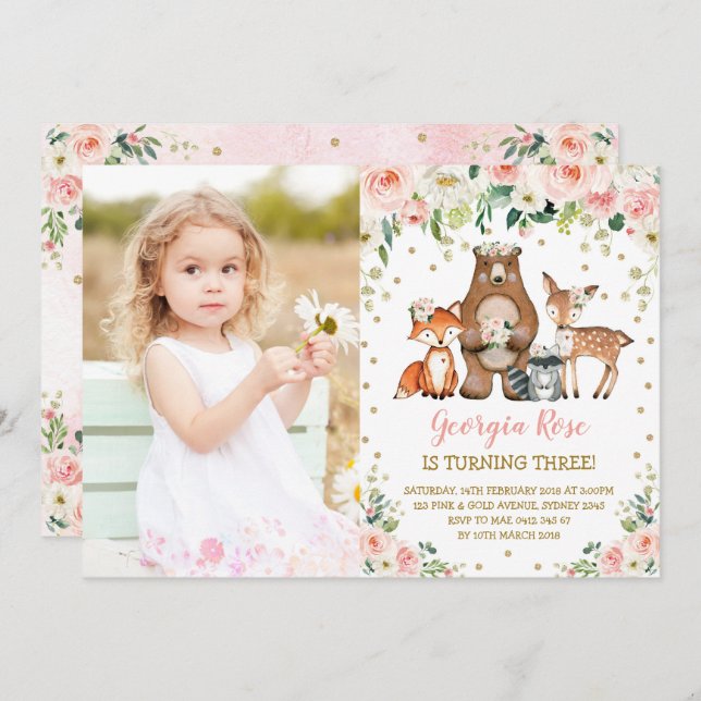 Invitation Fille Bois Animaux Oiseaux Peach Blush Floral (Devant / Derrière)