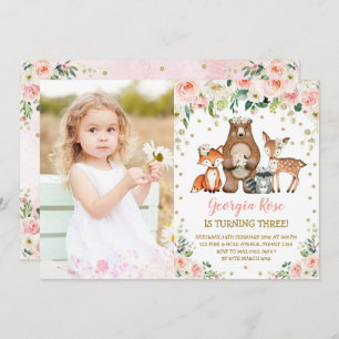 Invitation Fille Bois Animaux Oiseaux Peach Blush Floral