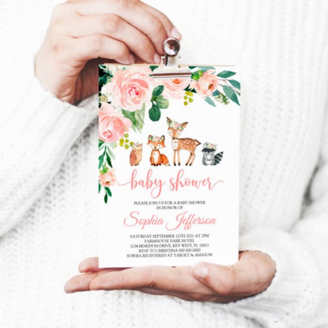 Invitation Fille Bois Baby shower Forêt Animaux Rose Rose (Créateur téléchargé)