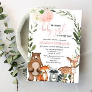 Invitation Fille bois vert baby shower fleuri