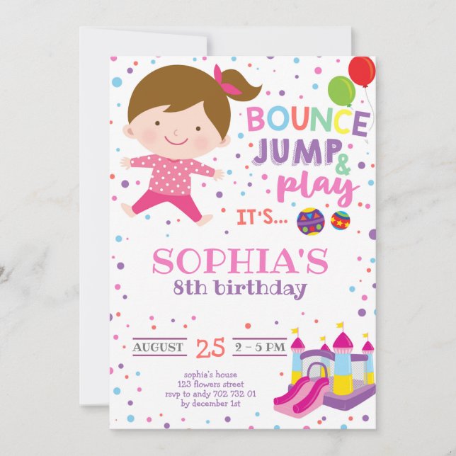 Invitation Fille Bounce Jump Colorant Rainbow Birthday Party (Devant)