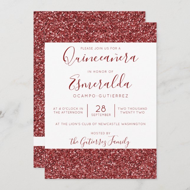 Invitation Fille Bourgogne Parties scintillant étincelante Qu (Devant / Derrière)