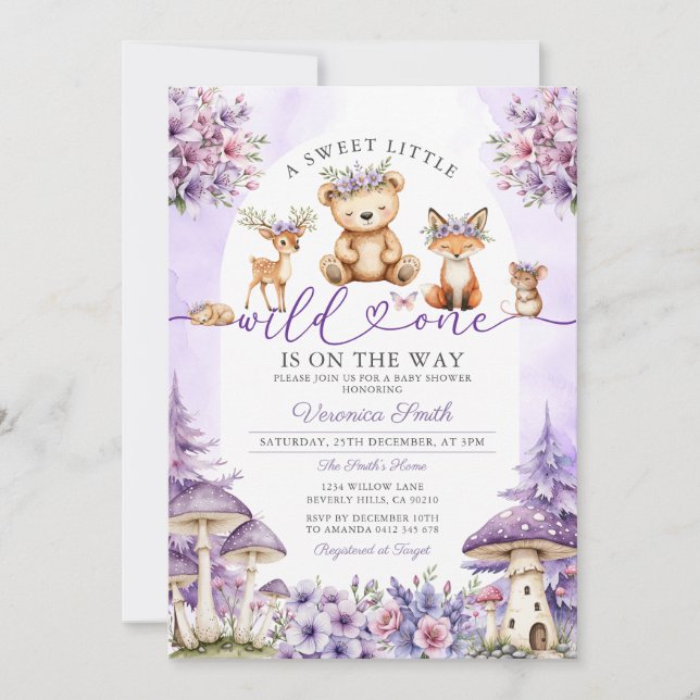 Invitation Fille Bow Cerf pourpre Bois Wild Un Baby shower (Devant)