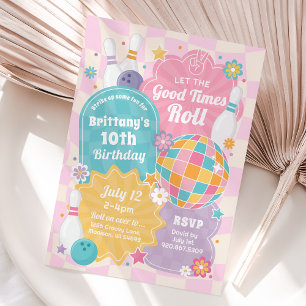 Invitation Fille Bowling Anniversaire Fête rose Retro Invitat