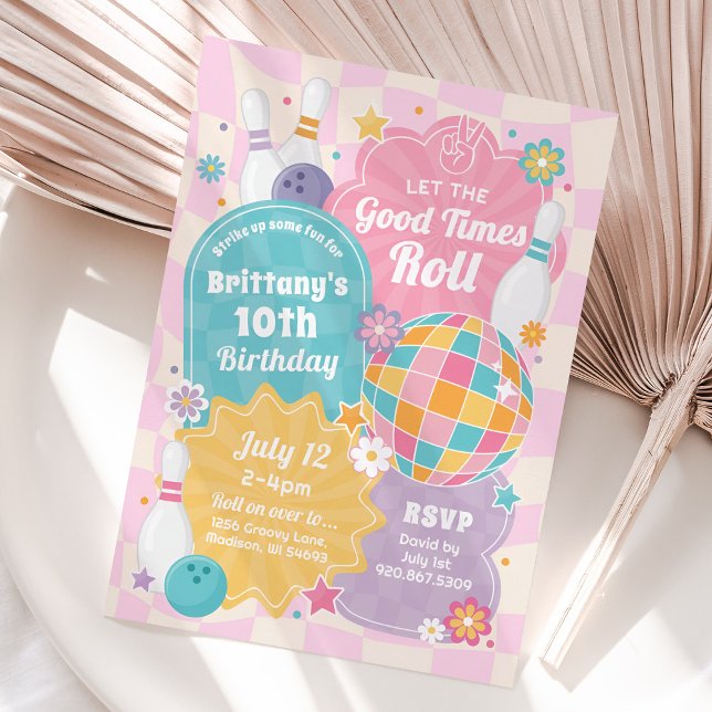 Invitation Fille Bowling Anniversaire Fête rose Retro Invitat (Pink Retro Bowling Invitation)