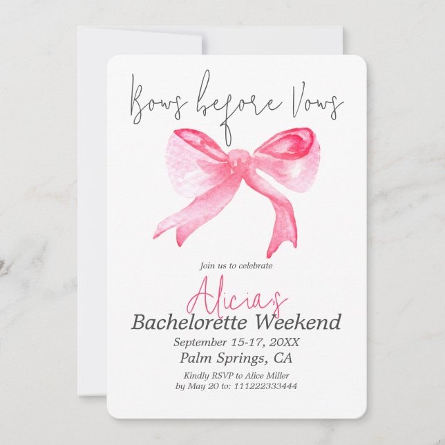 Invitation Fille Bows avant Vows Pink Bachelorette Party (Devant)