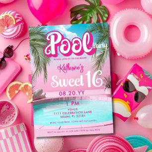 Invitation Fille Bright Hot Pink Pool Party Sweet 16 Seteen