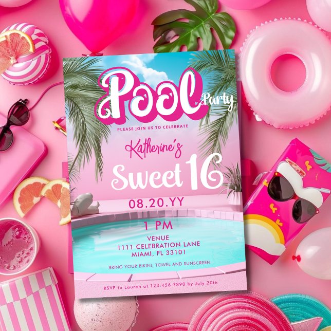 Invitation Fille Bright Hot Pink Pool Party Sweet 16 Seteen (Girly Bright Hot Pink Pool Party Sweet 16 Sixteen Invitation)