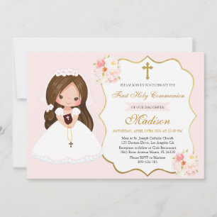 Invitation Fille Bunette Première Sainte Communion Élégante M
