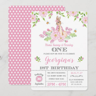 Invitation Fille Bunny 1er anniversaire Fête Pink Garden Flor