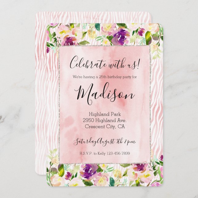 Invitation Fille Burgundy Rose Aquarelle Poster de animal (Devant / Derrière)