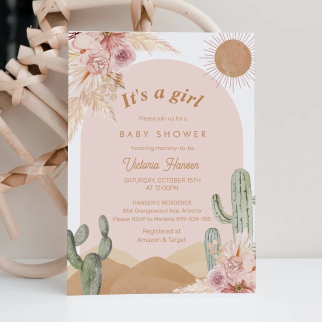 Invitation Fille Cactus Désert Baby Shower Sud-Ouest (Girl Arizona baby shower)
