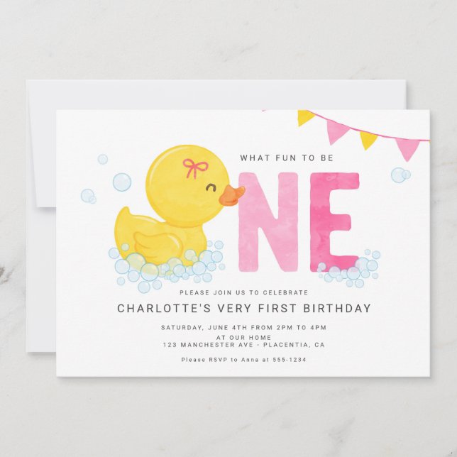 Invitation Fille canard en caoutchouc Premier anniversaire fê (Devant)