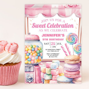 Invitation Fille Candy Land Retro Rose Sweets Anniversaire