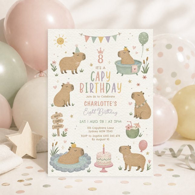 Invitation Fille Capybara Pastel Anniversaire : Fille Anniver (Créateur téléchargé)