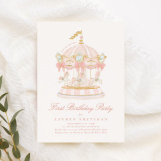 Invitation Fille Carousel Fairytale Bows rose fête d'annivers