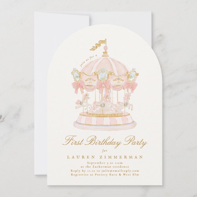 Invitation Fille Carrousel Conte de Fées Crème Arche Fête d'a (Devant)