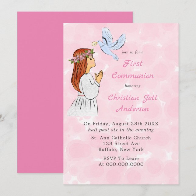Invitation Fille catholique avec la colombe Première communio (Devant / Derrière)