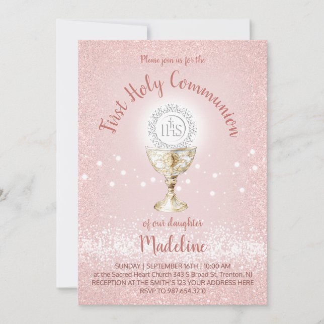 Invitation Fille catholique de première communion rose (Devant)