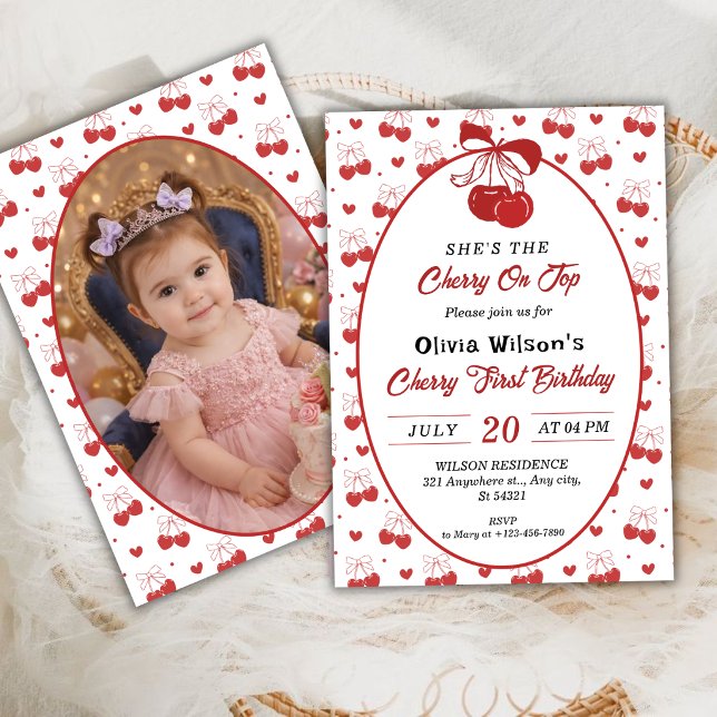 Invitation Fille Cerise sur le Gâteau 1er Anniversaire avec P (Créateur téléchargé)