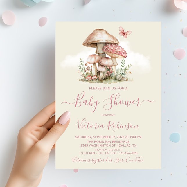 Invitation Fille Champignon Rose Papillon Baby Shower  (Girl mushroom baby shower invitation with butterfly. You can change the background color.)
