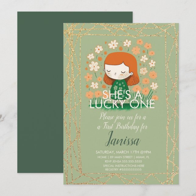 Invitation Fille chanceuse de la Saint-Patrick paillettes de  (Devant / Derrière)